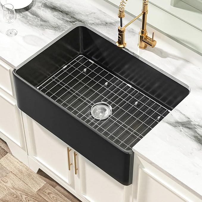 Miuara Black Farmhouse Sink 30 Inch - Apron Front Undermount Kitchen Sink 30"x20"x10", Farm House Style Deep Single Bowl, Heavy Duty Solid Fireclay, Matte Black, for Kitchen