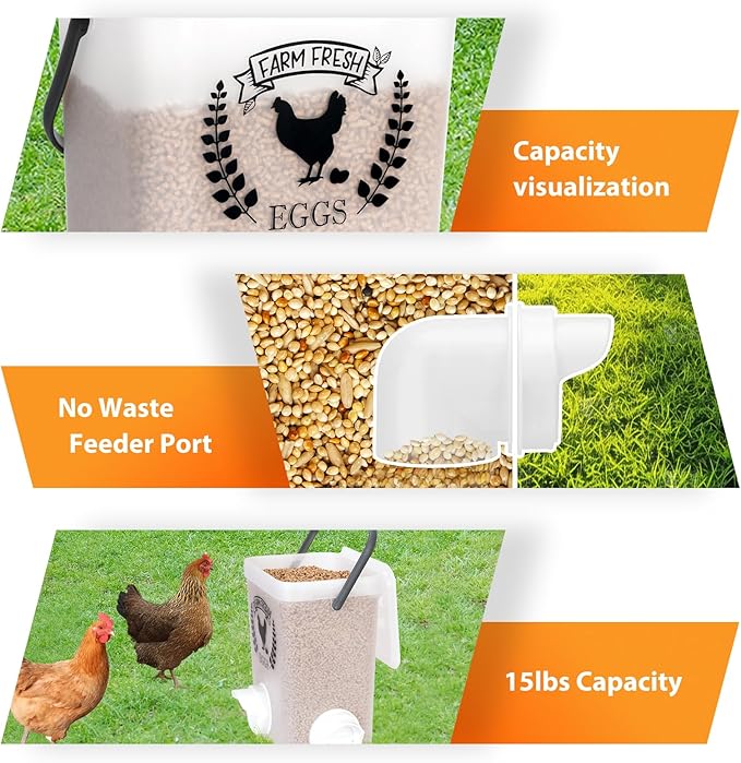 Tgeyd Chicken Feeder and Waterer Set (3 Gal/15 Lb) Hanging Automatic Poultry Feeder, No-Waste, Chicken Accessories for Chicken Coop and Run