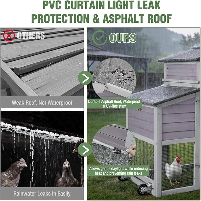 Large Mobile Chicken Coop with Run, 79" Outdoor Wooden Poultry Cage on Wheels, All-Steel Frame Hen House, Waterproof Roof, Nesting Box, for 4-6 Chickens