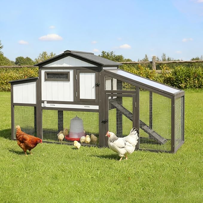 Large Chicken Coop with Run, Wooden Chicken Hen House Quail Coop with 2 Nesting Box, UV-Resistant Roof, Pull Out Tray, Outdoor Poultry Hutch Cage for Chickens Quails