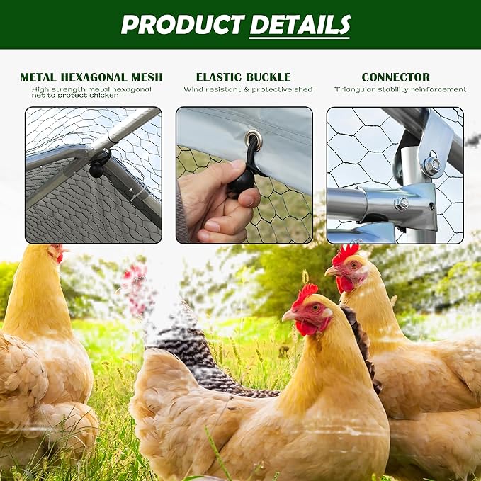 Large Metal Chicken Coop Upgrade Tri-Supporting Wire Mesh Chicken Run,Chicken Pen with Water-Resident and Anti-UV Cover,Duck Rabbit House Outdoor(9'W x 25'L x 6.5'H)
