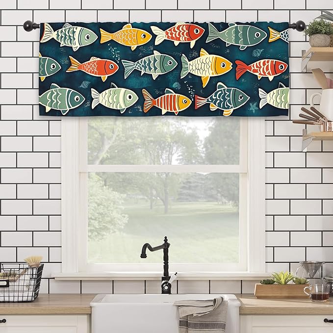 Colorful Fish Kitchen Curtain Valance 54W x 18L Inch Vibrant Funny Vintage Retro Rod Pocket Short Cafe Small Window Treatment Drapes Decor