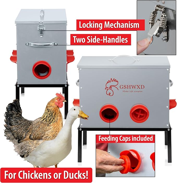 Automatic Chicken Feeder - 40 lb Capacity 6 Port Large Metal Chicken Feeders - with Locking Lid and Legs