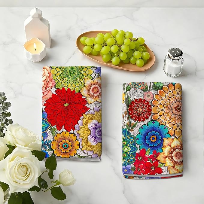 Spring Boho Kitchen Towels Decorative Set of 4, Colorful Floral Hand & Tea Towel, Absorbent Soft Decor Dish Towels Dishcloths for Kitchen Drying,Cooking Housewarming Gifts for Women