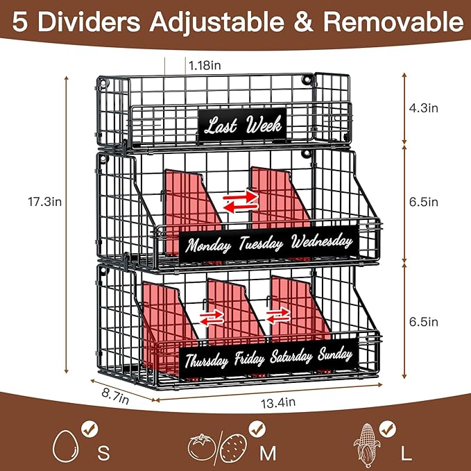 Egg Basket for Countertop, Egg Holder Countertop with 5 Dividers & Labels, 3 Tier Stackable Wire Storage Baskets to Keep Eggs Organized, Optimized Height Egg Storage for Coutertop Cabinet, Black