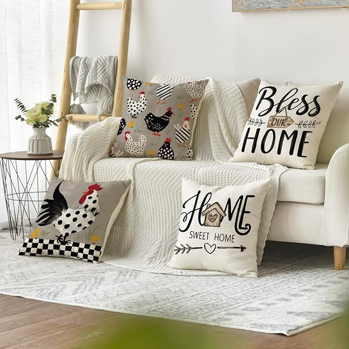 AVOIN colorlife Farmhouse Chicken Home Sweet Home Throw Pillow Covers, 18 x 18 Inch Bless Our Home Seasonal Cushion Case Decoration for Sofa Couch Set of 4