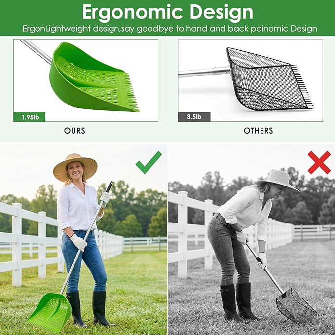 Chicken Poop Scooper & Rake 2-in-1, Adjustable Handle Length from 38" to 66", Features Manure Sifting Capability – Ideal for Chicken Coops and Farm Animal Cleaning (Green)
