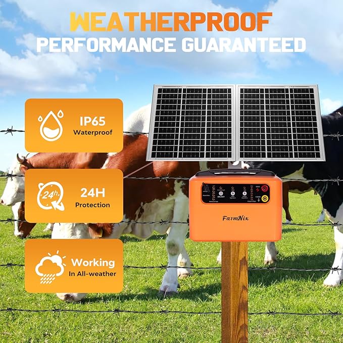 6-12KV Adjustable Output Solar Fence Charger,30 Miles Electric Fence Charger for Livestock,1.5J Solar Charger,15W Solar Electric Fence,24H Protection Solar Powered Electric Fence Kit