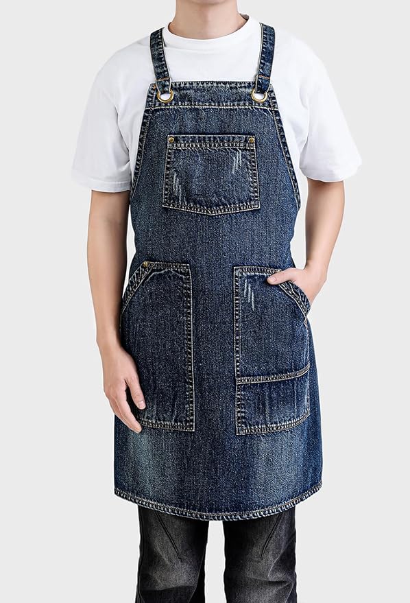 Cotton Denim Apron Soft - Unisex Adjustable Bib Apron with 5-Pockets Perfect for Kitchens