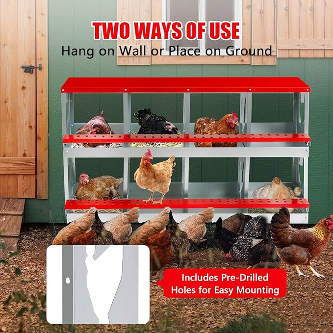 Chicken Nesting Box for Laying Eggs,8 Hole Roll Away Nesting Boxes,Chicken Laying Boxes with Large Vented Holes,Wall-Mountable Chicken Coop Nesting Boxes,Metal Laying Boxes for Hens,Ducks(Red)