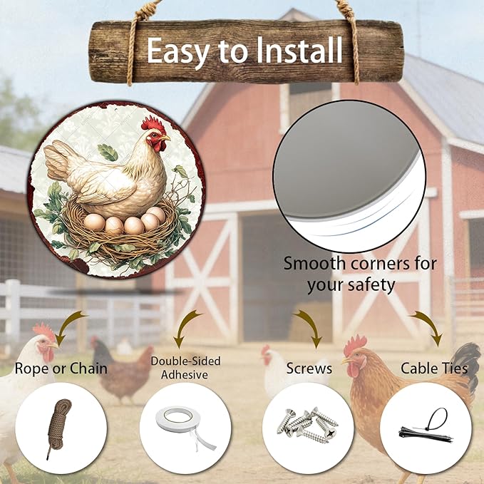 Chicken Coop Hen Round Metal Tin Sign Chicken Wreath Wall Decor Kitchen Farmhouse Outdoor Wall Art for Home Garden Kitchen Farmhouse Decoration Poster 12 Inch