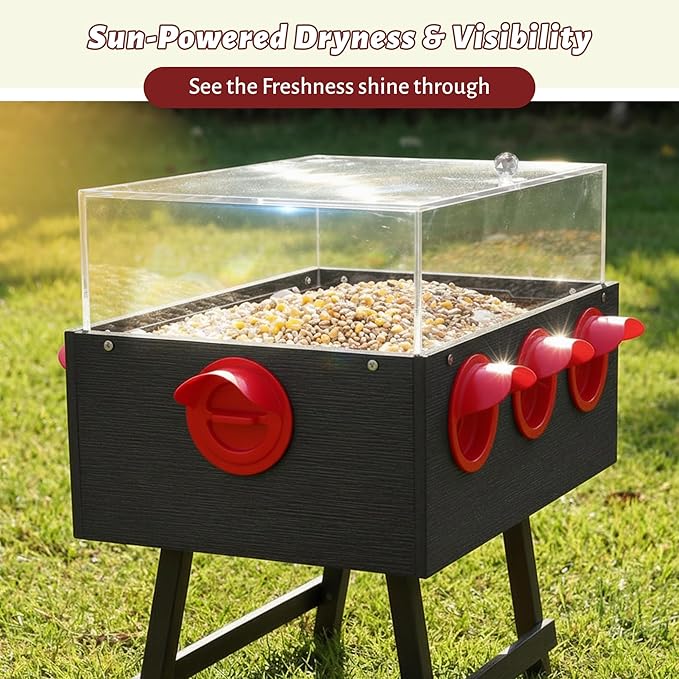 KOL No-Waste Chicken Feeder, 22LB Poultry Feeder with 6 Anti-Spill Ports, Clear-View HIPS & Acrylic Design, Foldable Stand for Hens and Chicks – Automatic Gravity-Flow Feeder