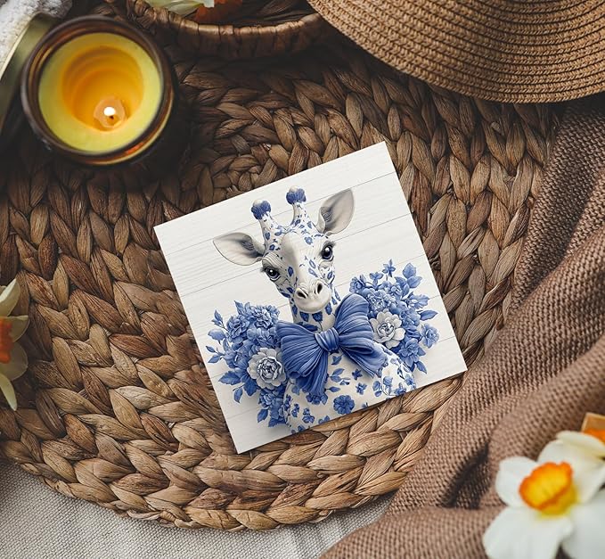 Blue and White Chinoiserie Giraffe Wooden Signs,Grand Millenial Bow Blue Giraffe Floral Home Decor Signs,Chinoiserie Porcelain Desk Decorations,Farm Animal Office Bathroom Decor