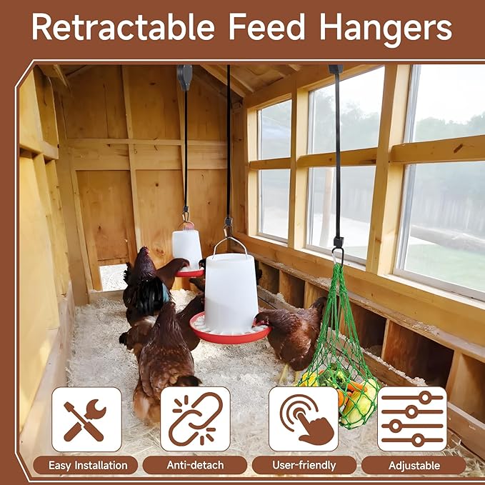 BJADE'S Pulley Hanger Hanging 3 Pack for Chicken Feeders,Adjustable Retractable Hanging Chicken Feeder for Chiken Bird Coop Accessories Feeders Waterer Plant Hooks Hanger