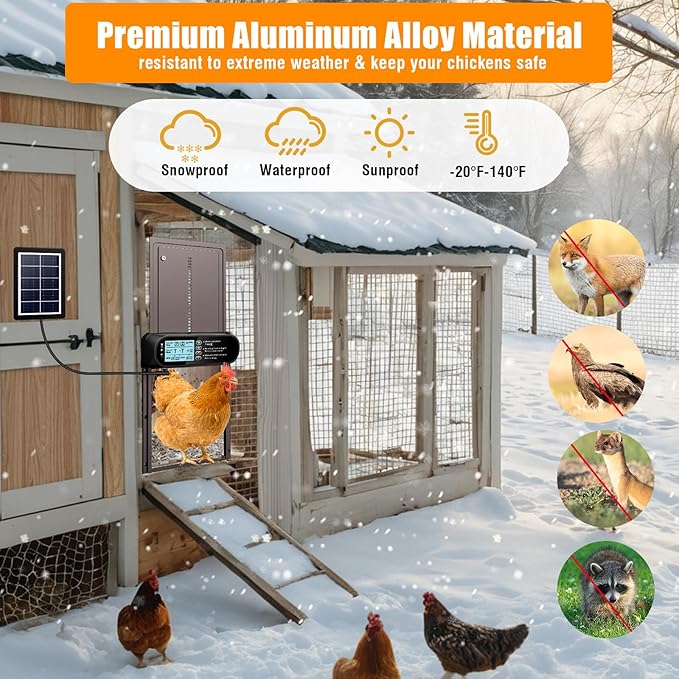 Automatic Chicken Coop Door Solar Powered, LCD Screen Electric Auto Chicken Coop Door with Timer & Light Sensor, Aluminum Rechargeable Automatic Chicken Door Opener with Remote Control & 4 Modes