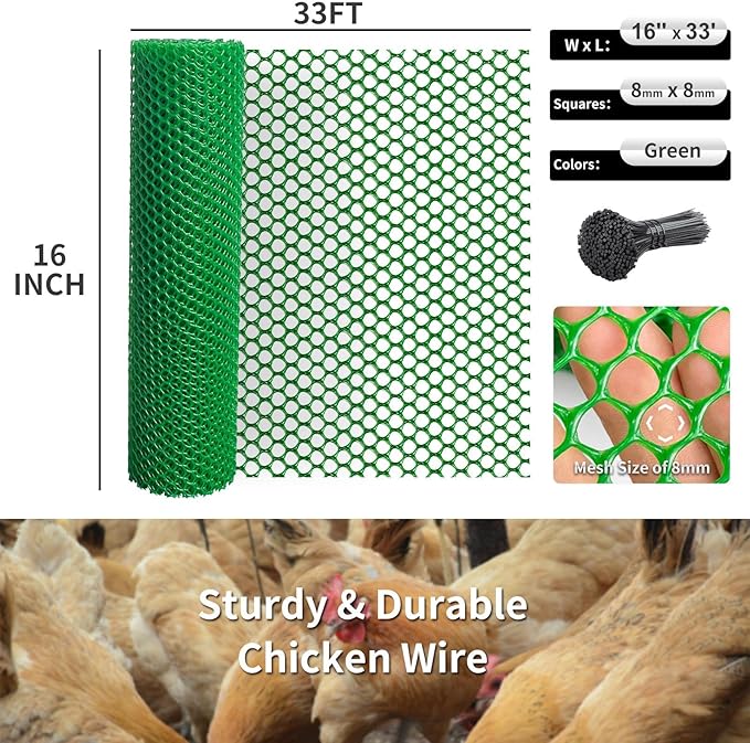 Plastic Wire Mesh Fence 16in x 33Ft Plastic Chicken Wire Mesh for Poultry, Dogs, Rabbit, Snake Barrier & Gardening Versatile Plastic Fencing (16in x 33Ft, Green)
