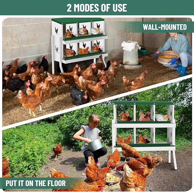 Metal Chicken Nesting Box, 6 Compartments, Rollout Egg Collection, Large Vented Holes, Perch Included, Wall Mount or Free Standing Laying Box for Hens and Chickens - Green with Legs