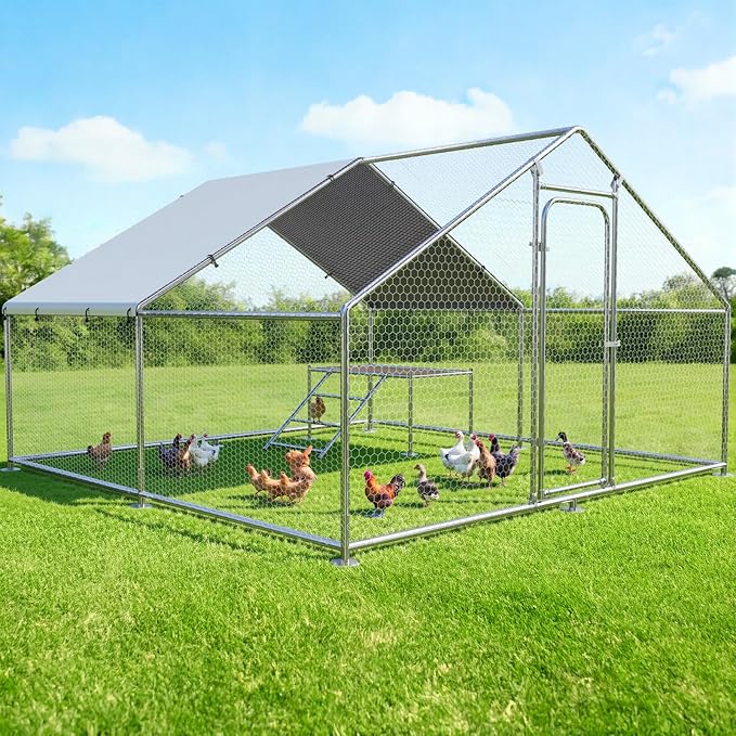Large Metal Chicken Coop with Roosting Ladder, UV-Resistant and Waterproof Cover, Outdoor Walk-in Cage Hen House for Yard Farm Rabbit Duck Chicken Run, Spire Roof (13.1'W x 9.8'L x 6.4'H)