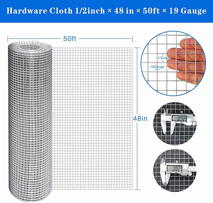 Hardware Cloth 1/2 inch Square Openings - 19 Gauge 48'' x 50' Hot-Dip Galvanized Wire Mesh, Welded Cage Wire Rolls Great for Animal Enclosure Chicken Coop Flower Beds Rabbits Wire Fencing