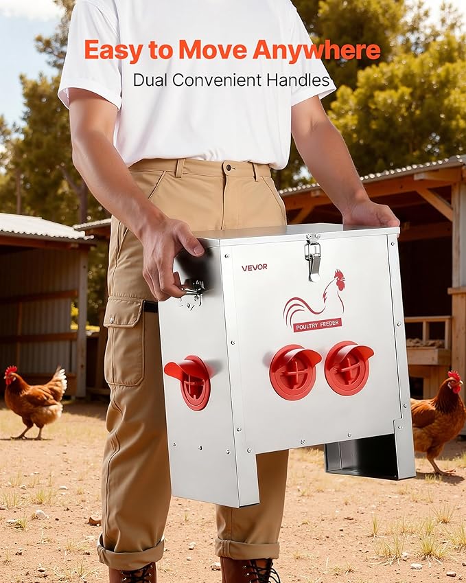 VEVOR Automatic Chicken Feeder, 25 lbs Capacity, 6 Feeding Ports No-Waste Poultry Feeder, Automatic Gravity, with Handle Latch Lid, Metal Construction, for Chickens Bantams Pheasants Poultry Coop