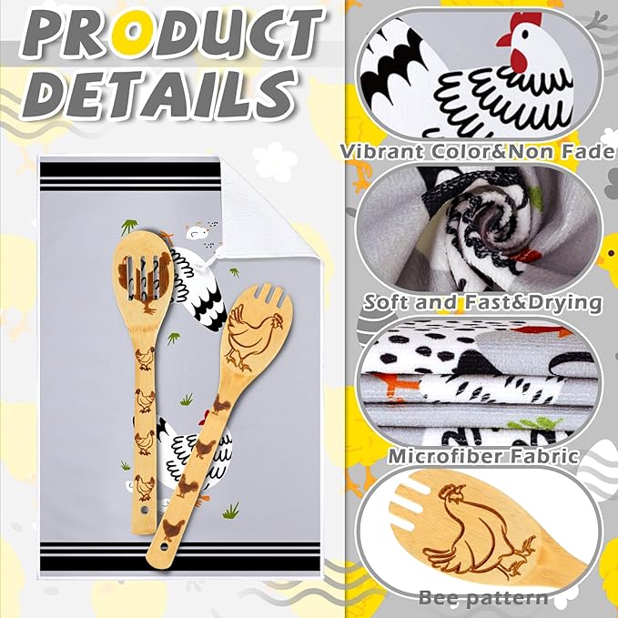 9 Pcs Farmhouse Kitchen Decor Set 4 Kitchen Towels and 5 Wooden Spoons Dish Hand Tea Towels for Housewarming Gifts Christmas Cooking Home Accessories(Rooster)
