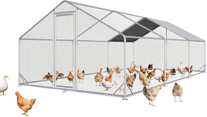 Aoxun Large Metal Chicken Coop, Outdoor Chicken Runs for Yard with Cover, Spire Roof Hen House Enclosure with Security Lock, Walk-in Cage Peak Hen House for Yard Farm (10x20x6.4 FT)