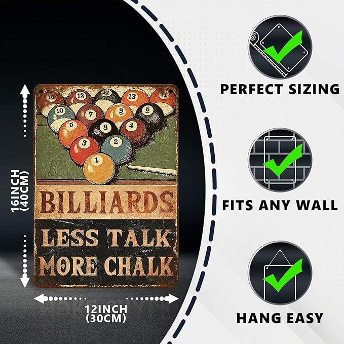 Retro Billiards Tin Sign Less Talk More Chalk Metal Wall Decor with 8 Ball & Pool Cue Decorations for Man Cave Game Room Basement Bar Pub Tavern Wall Art 16 * 12 In