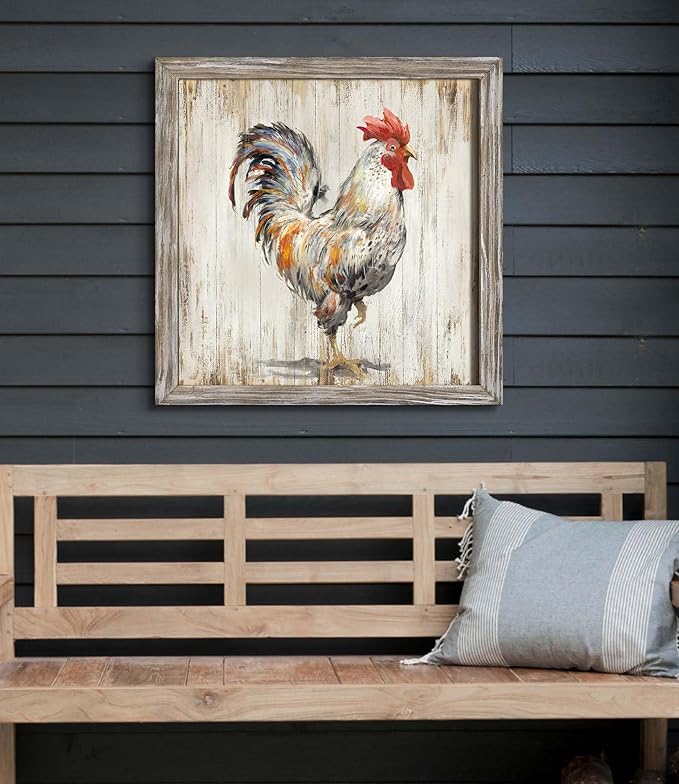 Rustic Farmhouse Wall Art Decor: Rooster Chicken Wood Picture Farm Animal Framed Artwork Painting Kitchen Country Countryside Print Decorations for Home Bedroom Dining Room 24 x 24 Inches