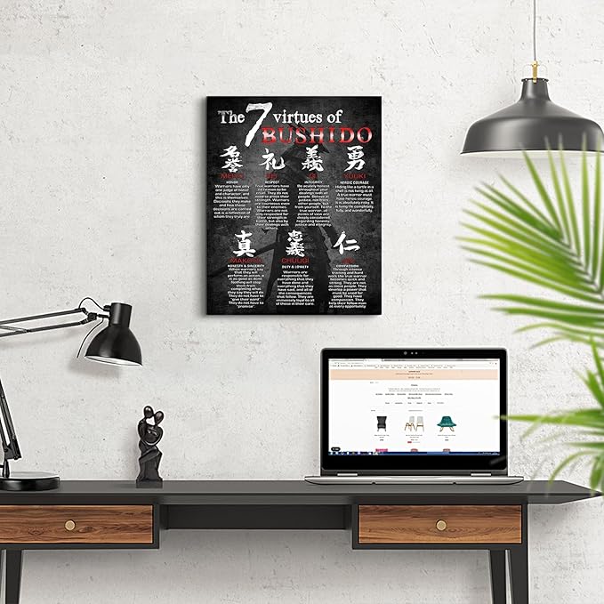 Japanese Samurai Wall Art 7 Virtues of Bushido Pictures Wall Decor Japanese Warrior Canvas Prints Poster Inspirational Framed Modern Painting Artwork Home Decorations for Bedroom Office Bathroom