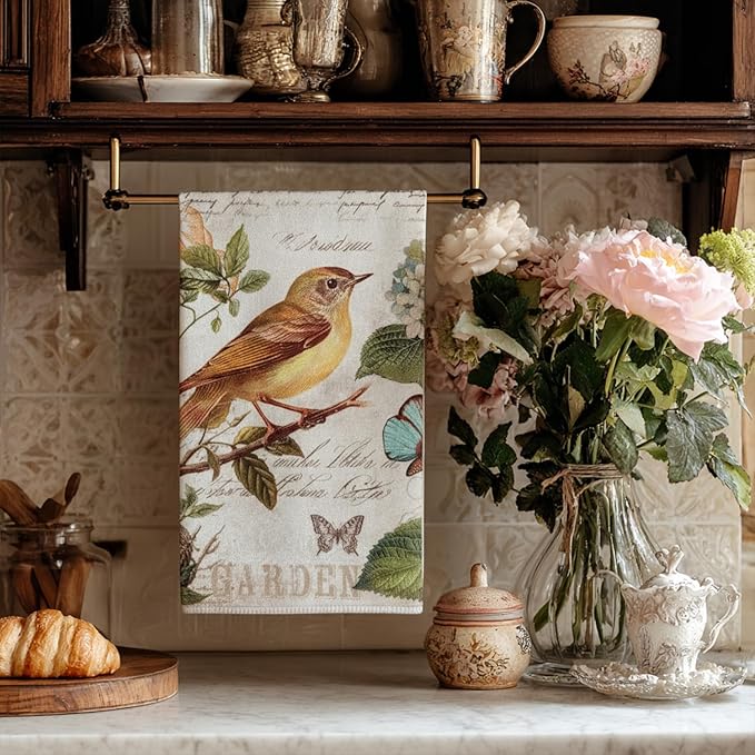 4 Pcs Vintage Garden Nature Kitchen Towels Dish Towels, Decorative Bird Bunny Dragonfly Bee Design, 27.5x20 Inch Farmhouse Absorbent Decoration Hand Towels (Garden)