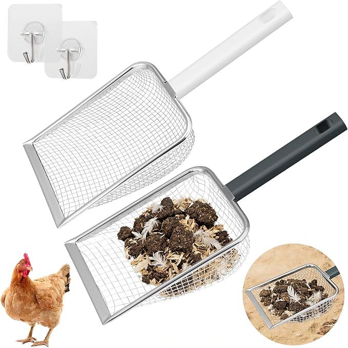 Chicken Poop Scooper for Coop,2 Pack Chicken Coop Poop Scoop Shovel with 3.8mm & 5mm Mesh, Metal Chicken Coop Rake and Scoop Tool,Scooper Shovel for Sifting Sand, Litter, Chicken Supplies