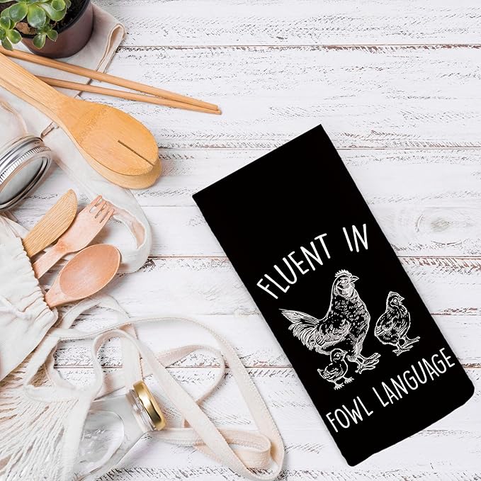 Funny Chicken Kitchen Dish Towels 16x24 Inch, Black Crazy Chicken Gifts for Chicken Lover Chicken Mom, Fluent in Fowl Language Decorative Hand Towels Tea Towels for Farmhouse Home