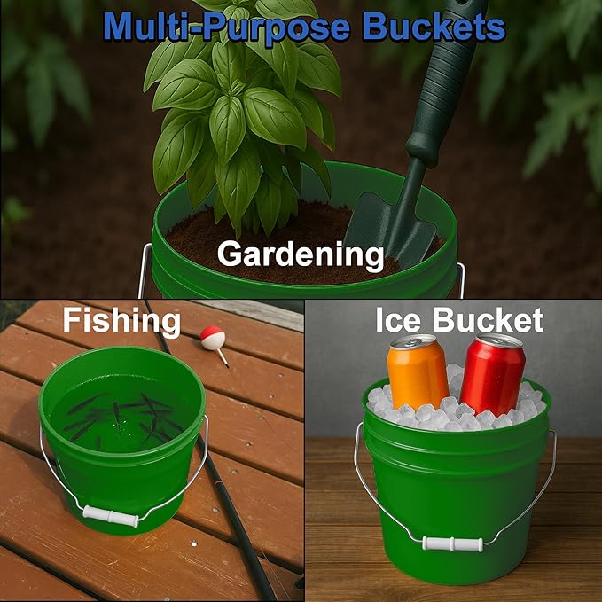 1-Gallon Bucket with Airtight Lid – Made in USA, Food Grade BPA Free Plastic, Heavy Duty Multi-Use, Metal Handle with Grip, Stackable Storage – Green, 2 Pack