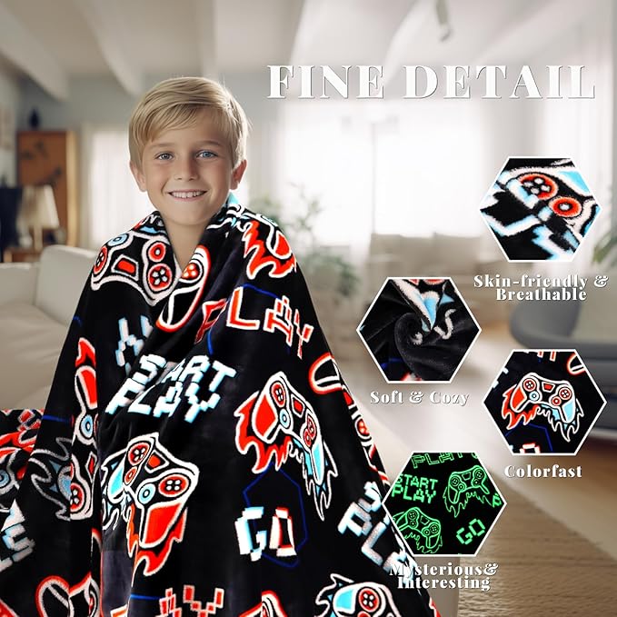Gamer Gifts for Boys Teens Men Easter, Glow in The Dark Gaming Blanket, Soft Cozy Flannel Throw with Game Controller Pattern, Bedroom Decor, Boys Easter Basket Stuffers 50" x 60"