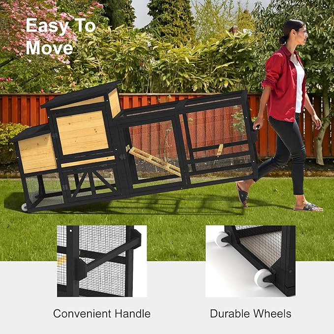 80'' Chicken Coop with Nesting Box, Outdoor Duck Coop, Chicken House for Outside, Wooden Chicken Coops with Run & Waterproof Asphalt Roof, Wheels, Removable Tray and Hanging Chicken Feeder