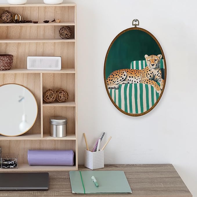 WULQYING Vintage Cheetah Sofa Wall Art Decor, Jungle Leopard Oval Framed Canvas Art Prints, Emerald Striped Sofa Animal Wall Hanging Decor for Home Living Room Gallery Apartment, 8.6x11.4 Inches