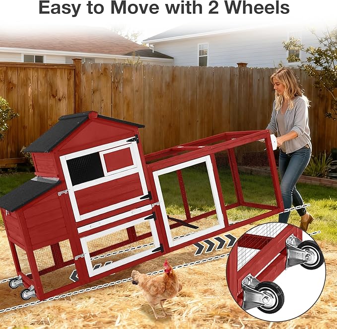 Large Mobile Chicken Coop Wooden with Wheels, Expandable Outdoor Chicken House with Nesting Box & Pull-Out Tray, Easy-Clean Poultry Coop for 2–3 Chickens & Ducks