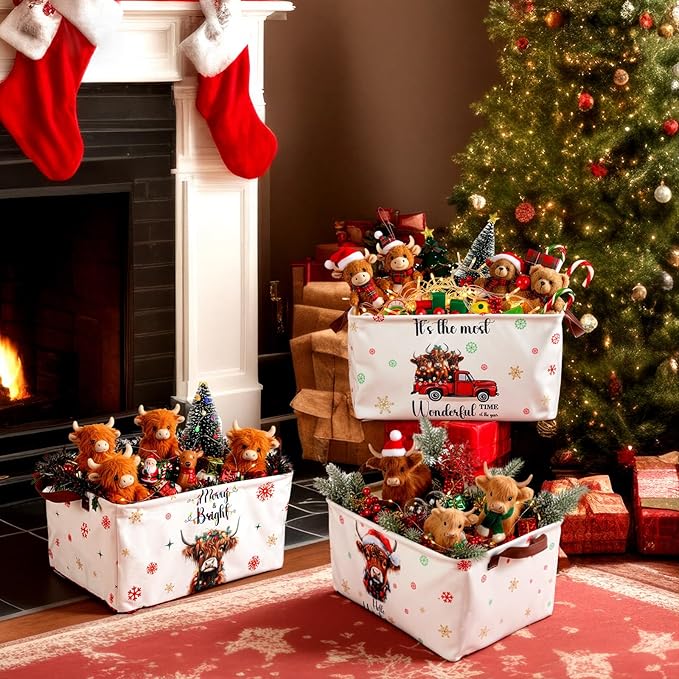 CHENGU 6 Pack Christmas Storage Basket Collapsible Christmas Basket for Gifts Highland Cow Holiday Decor Large Red Truck Bin Foldable Xmas Tree Box with Handle for Bedroom Office Home