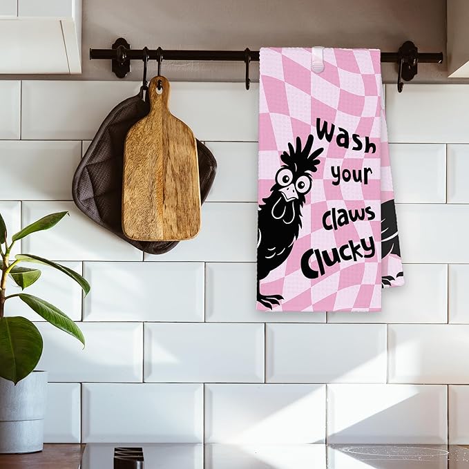 Pink Funny Chicken Rooster Bathroom Kitchen Towels, Wash Your Claws Hand Towel for Girly Room, Farmhouse Cock Gifts for Farmer, Trendy Preppy Checkered Dish Towels Decor for Dorm Home 16x24in