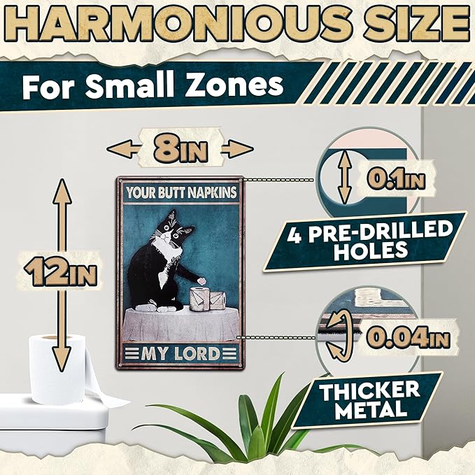 Funny Cat Bathroom Sign – “Your Napkin My Lord” 12 x 8 inch Tin Sign, Rustic Black Cat Wall Decor for Home, Farmhouse Bathroom Metal Plaque, Vintage Cat Wall Art for Toilet or Guest Bath