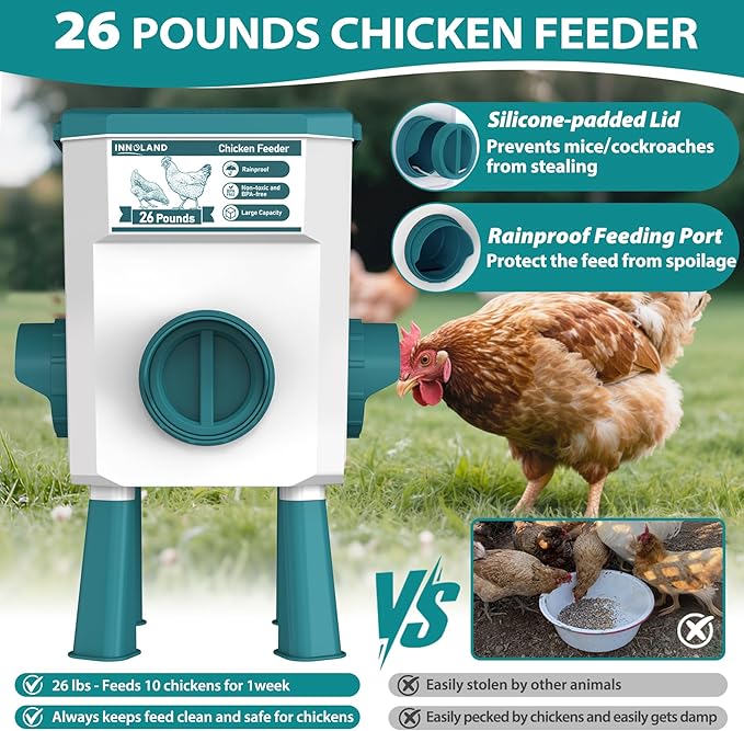 Chicken Feeder and Waterer Set - 2.8 Gallon/26 Pounds, Automatic Chicken Waterer with 4 Cups & 3 Feeder Ports, No Waste Poultry Feeders & Waterers, Chicken Coop Accessories for Hens/Ducks/Poultry
