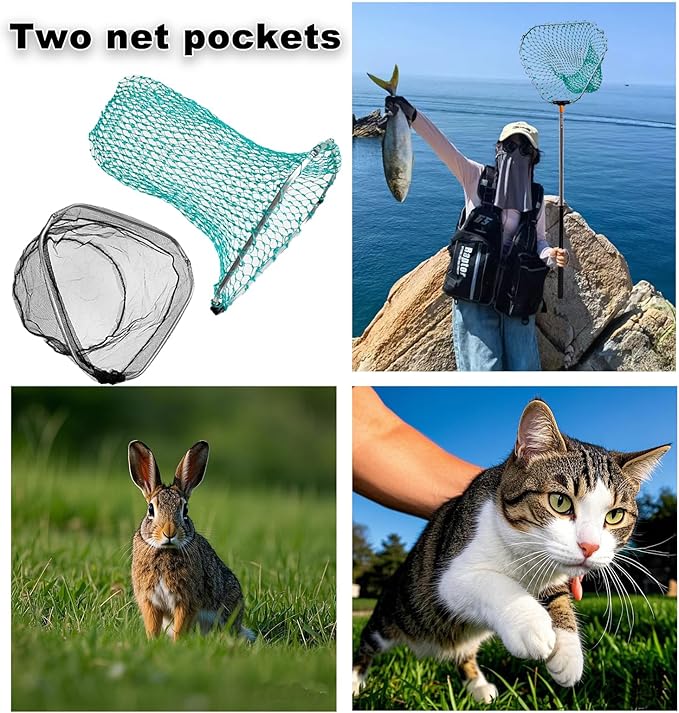 Poultry Net Chicken Catcher, with 2 Telescoping Poles, 2 Nets, and 1 Leg Hook, Farm Animal Capture Tool, for Small Cat Duck Goose Outdoor Animals Fishing Landing Net Handy Coop Accessories