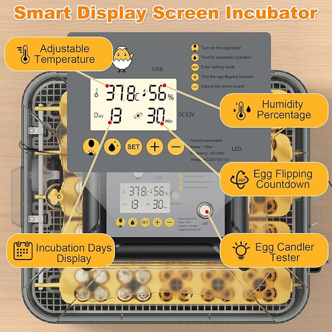 49 Egg Incubator for Hatching Eggs with Automatic Egg Turning, Temperature & Humidity Display, Hatch Day Countdown, Auto Water Refilling System, Egg Candler, Multifunctional Egg Tray for Chicken
