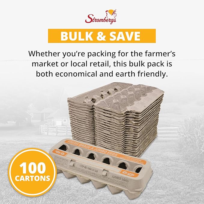 Stromberg's Fresh Grade A Jumbo Printed Egg Cartons, Biodegradable and Eco-Friendly, Made From Recycled Materials, With Educational Prints for Safe Handling Instructions and Nutrition Facts, 100 Pack