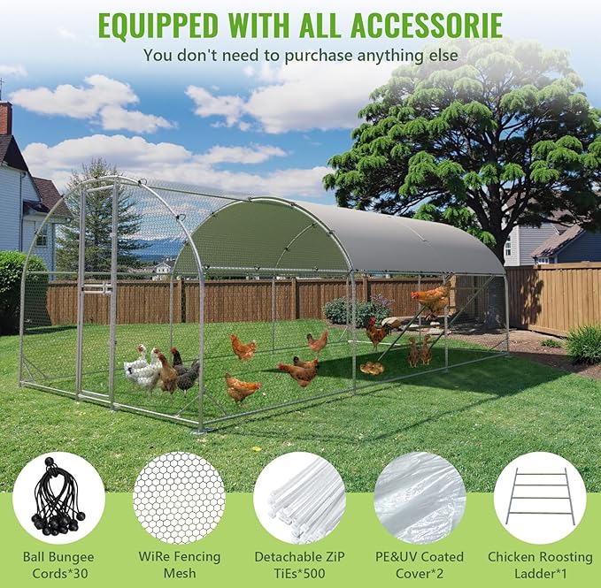 Large Metal Chicken Coop, 10x20x6.5FT Chicken Runs for Yard with Cover and Roosting Perch, Split Doors Walk in Chicken Coop