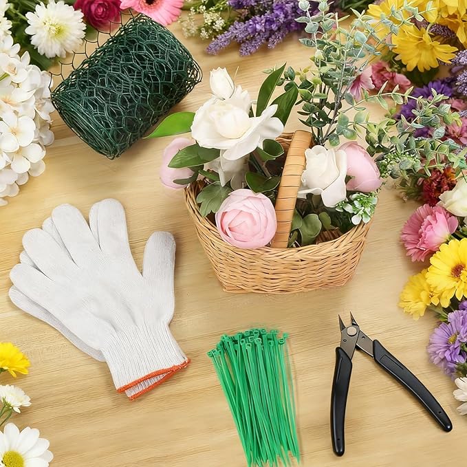Chicken Wire 4in x 118in with a Pair of Gloves，1 Wire Cutter，50 Pcs Cable Zip Ties, Floral Chicken Wire Mesh 0.8mm Hexagonal Galvanized PVC Coated Garden Netting Fence for Craft Poultry Garden