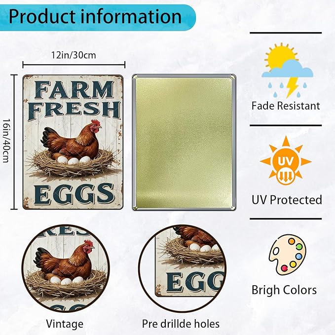 Funny Rooster Decor Vintage Farm Fresh Eggs Chicken Tin Sign for Chicken Coop Farm Garden Yard Decor 16x12 Inch