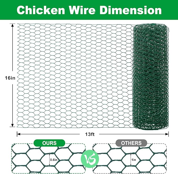 Chicken Wire Fencing,Vinyl Coated Metal Hexagonal Mesh Poultry Netting 16inx13ft Green Hardware Cloth Rabbit Wire for Pet,Goose,Duck Garden Farmer & Plant