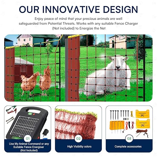 Premium Electric Fence Poultry Netting 49” x 164’ Pre-Assembled with 20 Posts, Portable, Waterproof, Semi-Rigid Electric Fence kit for Livestock Animals in Farms and Backyards