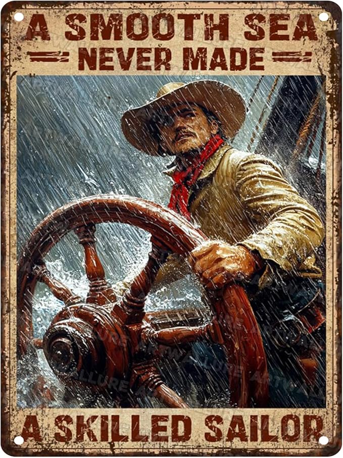 Vintage Metal Tin Sign A Smooth Sea Never Rustic Navigation Decor Metal Poster for Home Office Cafe Bar Art Wall Decor 12x16inch
